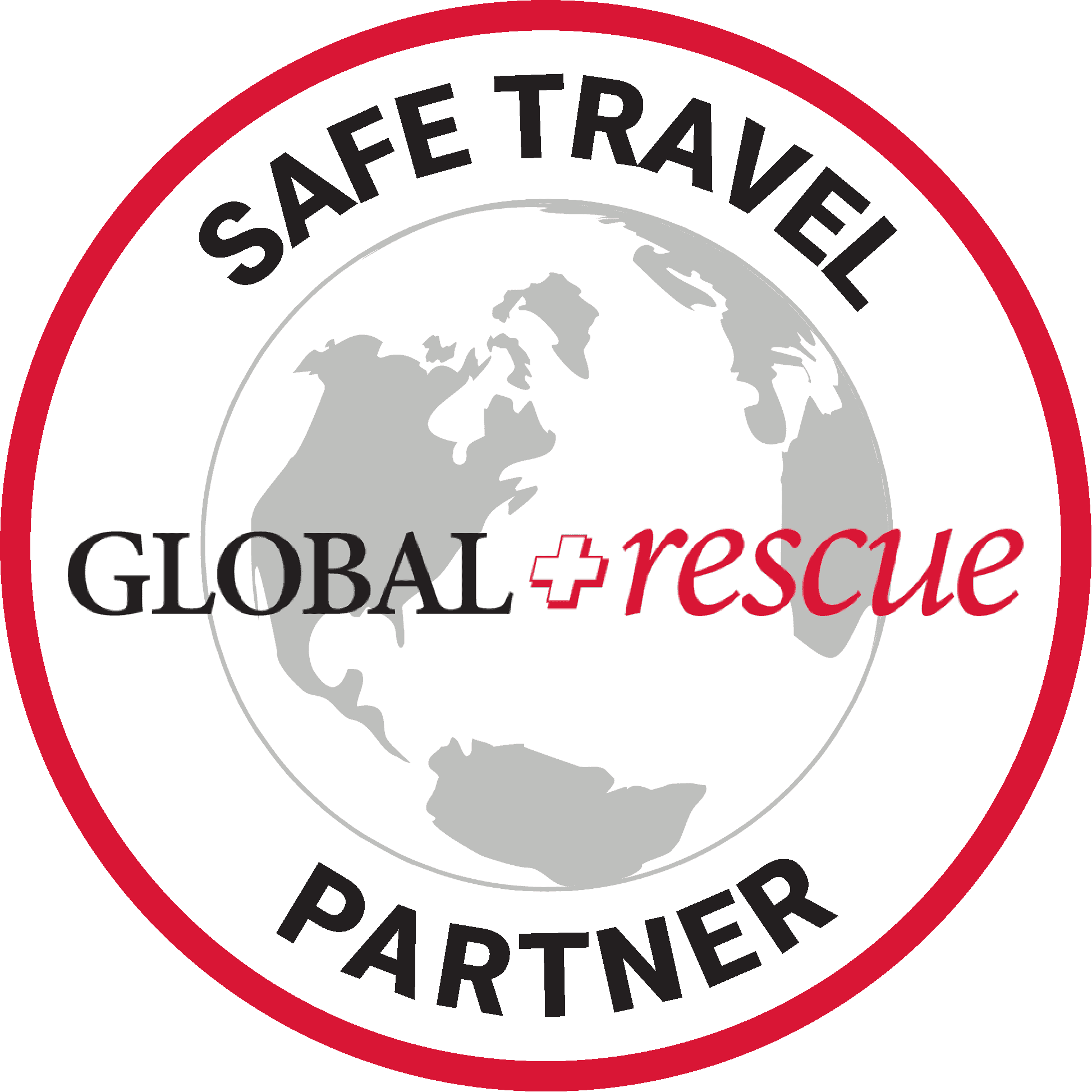 A circular badge showcases a gray globe at its center with Global Rescue inscribed across it. Encircled by the text Safe Travel Partner, its all set within a red-bordered circle, much like a first aid kit for house sitters, providing assurance and preparedness for every adventure.